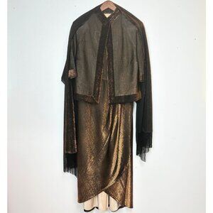 Women’s Bronze Maxi Strapless Dress W/Elbow Length Open-Front Jacket & Scarf